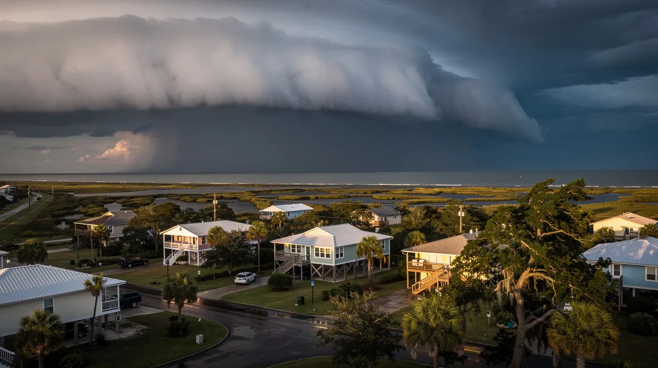 Dark storm clouds loom ominously over a residential area along the Gulf Coast, where homes feature a mix of metal roofs and traditional asphalt shingles. The approaching storm raises concerns about potential roof damage, emphasizing the importance of durable roofing materials and the cost of roof replacement for homeowners in the region.