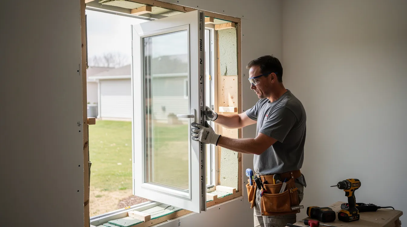 A professional installer is carefully fitting a new vinyl window into a residential window frame, ensuring a perfect fit for enhanced energy efficiency and insulation value. This installation of replacement windows is designed to improve the home's curb appeal while providing long-lasting durability and comfort.