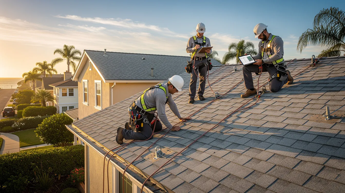 Roofers repairing a shingled house roof at sunset, wearing safety gear and kneeling with tools.