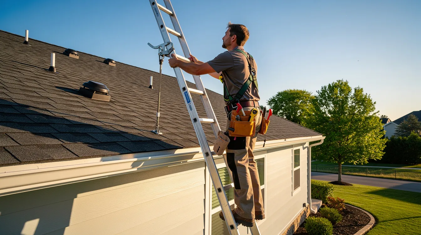 A professional roofer is seen climbing a ladder to inspect a residential roof on a sunny day, ensuring the roof's condition is optimal for homeowners insurance coverage. This inspection helps identify any potential roof damage, which may be covered under a homeowners insurance policy.