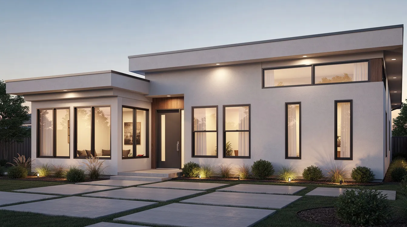 The image depicts a modern single-story home featuring various window styles, including large picture windows and double hung windows with dark frames. These windows are designed for energy efficiency and safety, showcasing impact resistant glass options that protect against hurricane conditions and enhance the home's structural integrity.