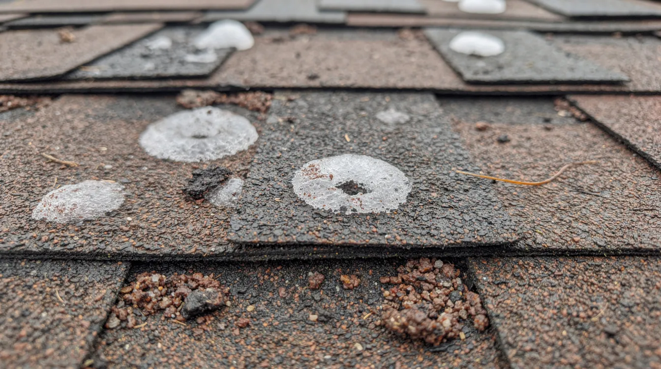 Weathered rooftop with cracked shingles and white mossy patches on a gravelly surface