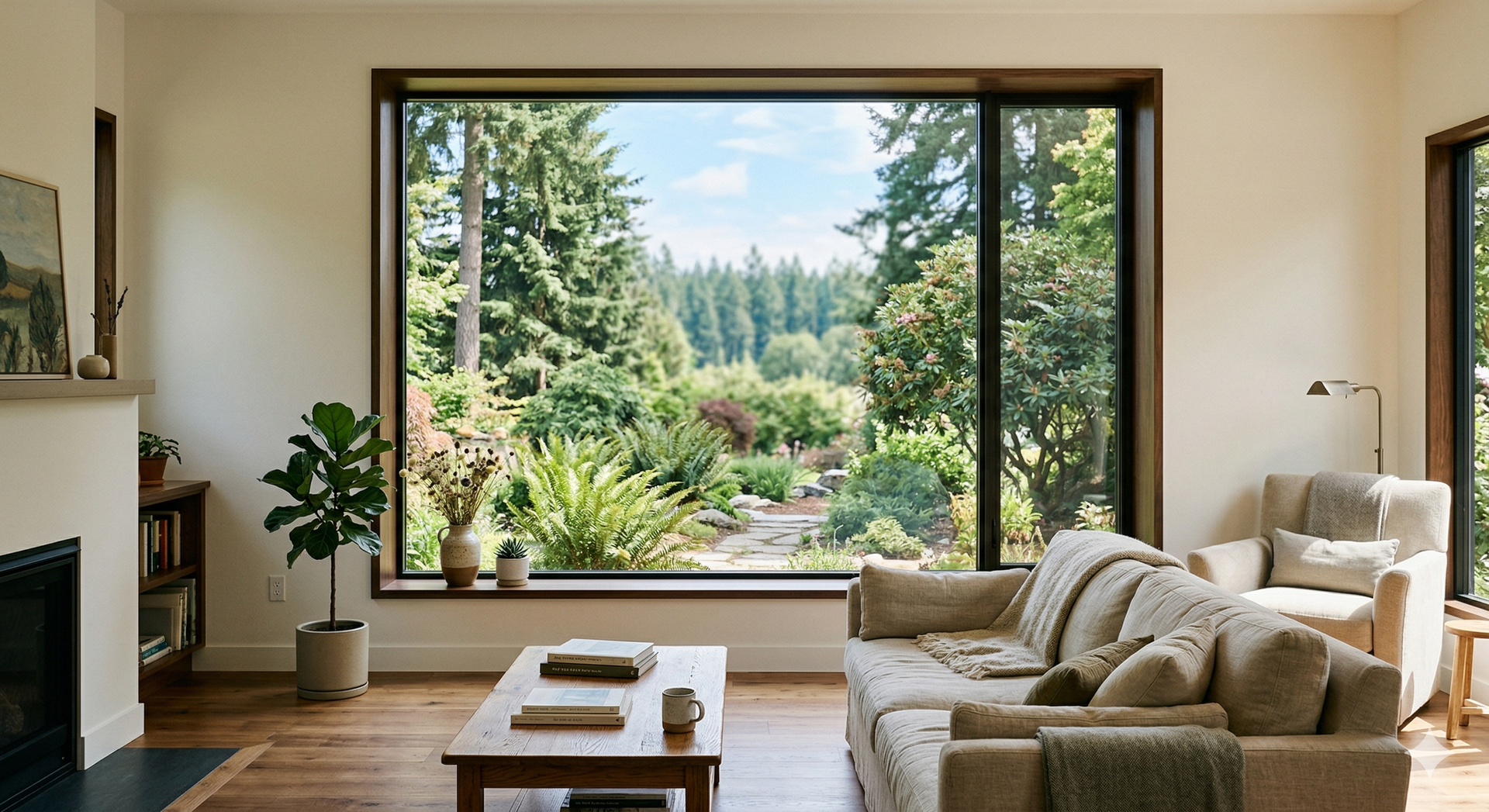 A bright living room with a large picture window overlooking a lush, green forest, a beige sofa, and a coffee table.