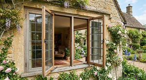 Open wooden casement windows on a stone cottage, surrounded by blooming climbing roses and lush greenery.