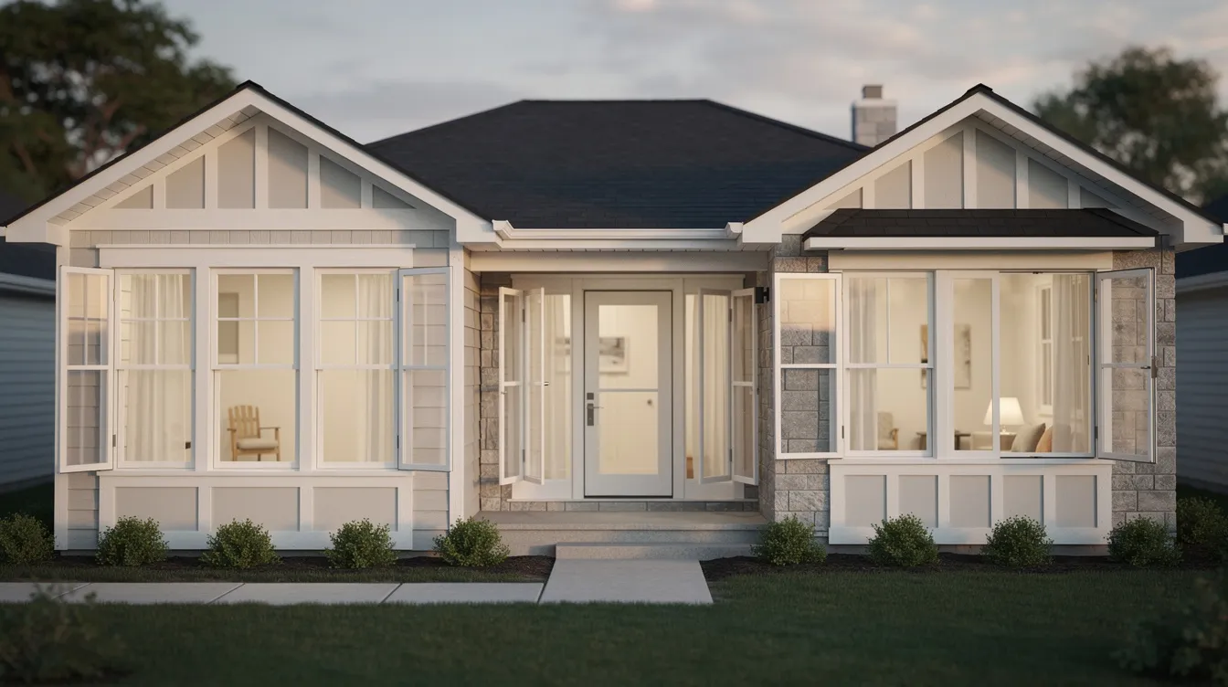 Front view of a small white house with a dark roof, front porch, and large windows at dusk