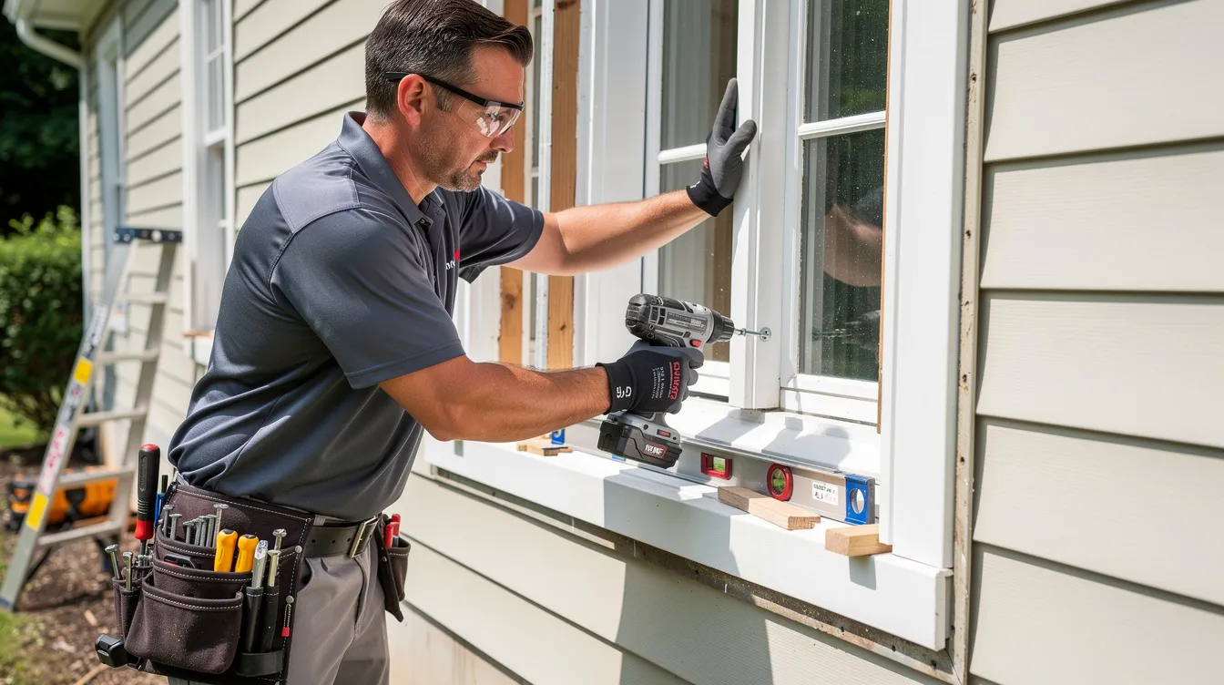 Home inspector using a power drill to remove a window frame on a house exterior