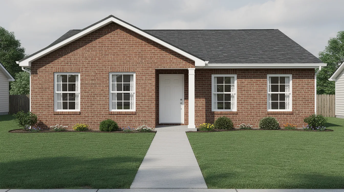 A single-story brick house with a dark shingled roof, four front-facing windows, and a central white door.
