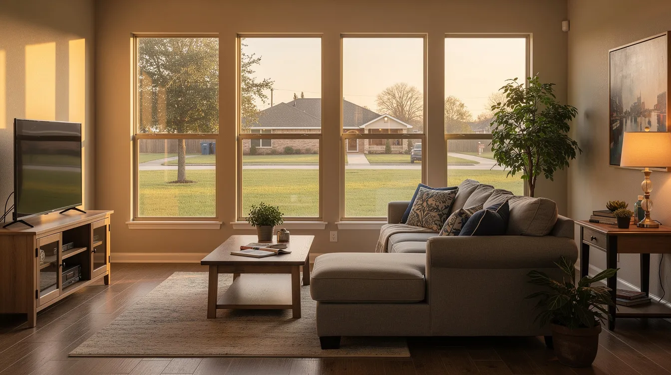 The image shows a typical living room in Beaumont, TX, featuring large windows that allow natural light to flood the space, creating a warm and inviting atmosphere. The room is designed for comfort and energy efficiency, reflecting the quality and professionalism that homeowners in Beaumont can expect from local glass companies for their window replacement projects.