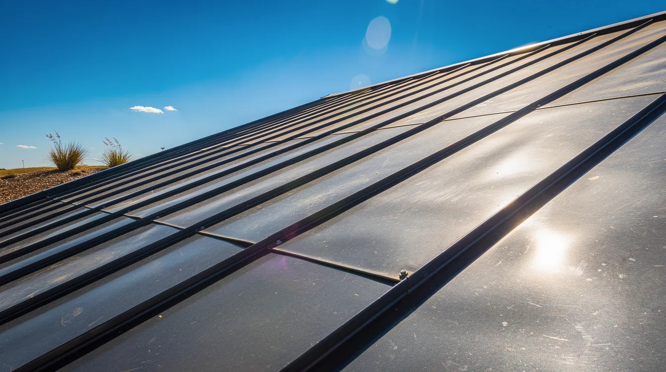 The image depicts gleaming reflective metal roof panels under bright Texas sunlight, showcasing their energy-efficient qualities and low maintenance benefits compared to traditional asphalt shingles. The bright, shiny surface reflects solar heat, highlighting the advantages of metal roofing for homeowners in Texas looking for durability and reduced cooling costs.