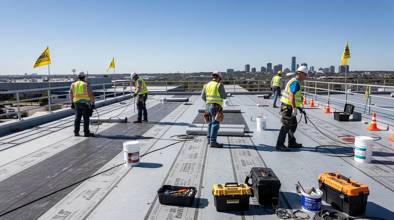 A professional roofing crew is seen working on a large commercial flat roof, equipped with safety gear and tools, as they focus on commercial roof installation and maintenance. The team is engaged in essential roofing services to ensure the integrity of the commercial building's roof surface.
