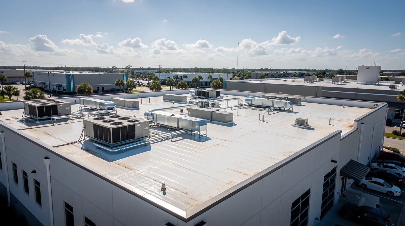 Rooftop HVAC units on a white industrial building under a clear sky