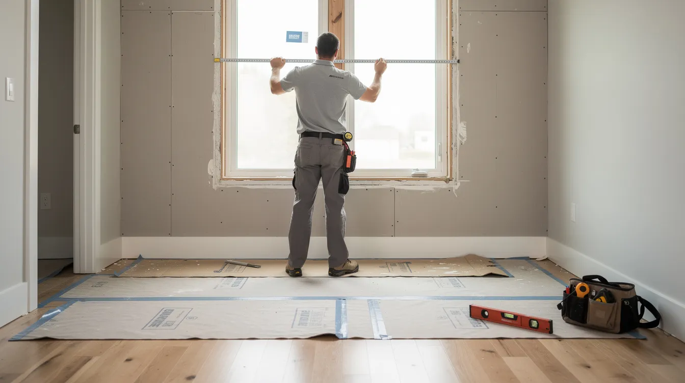 A technician is carefully measuring an interior window opening, ensuring the precise fit for a window replacement project, while protective floor coverings are laid out to maintain cleanliness during the installation. This scene highlights the attention to quality and detail that the team brings to window installations in Beaumont, TX.
