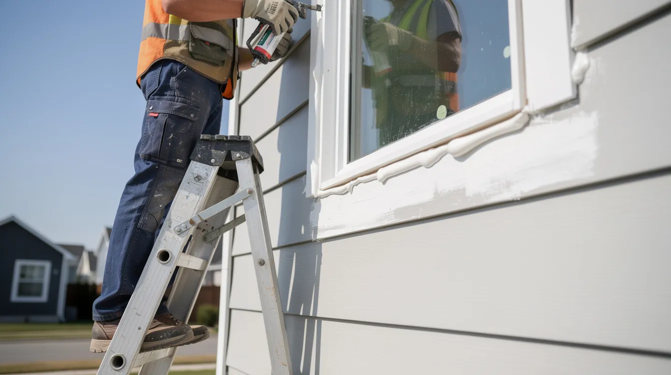 A worker is sealing an exterior window frame, focusing on ensuring the energy efficiency and security of the installation. The frame is designed to accommodate replacement windows, highlighting options for affordable vinyl windows that provide comfort and style for the home.