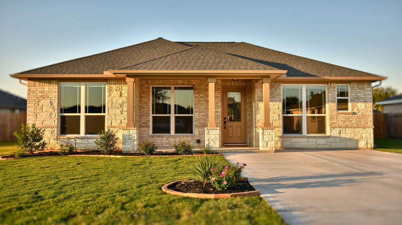 The image shows a charming single-story Texas home featuring various window styles, including double-hung and picture windows, basking in sunlight. This residence highlights the importance of energy-efficient windows for enhancing the home's energy efficiency and reducing energy costs.