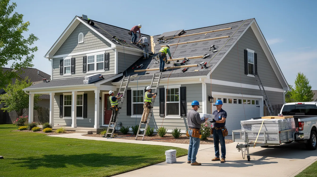 A professional roofing crew is seen working on a residential home, installing a new metal roof that reflects solar heat and enhances energy efficiency. The team is focused on ensuring proper maintenance and durability, which is crucial for Texas homeowners considering the cost of metal roofing versus traditional asphalt shingles.