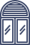 Blue window icon with arched top and vertical blinds, like a storefront or building facade.