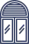 Blue arched window icon with striped glass and two panes
