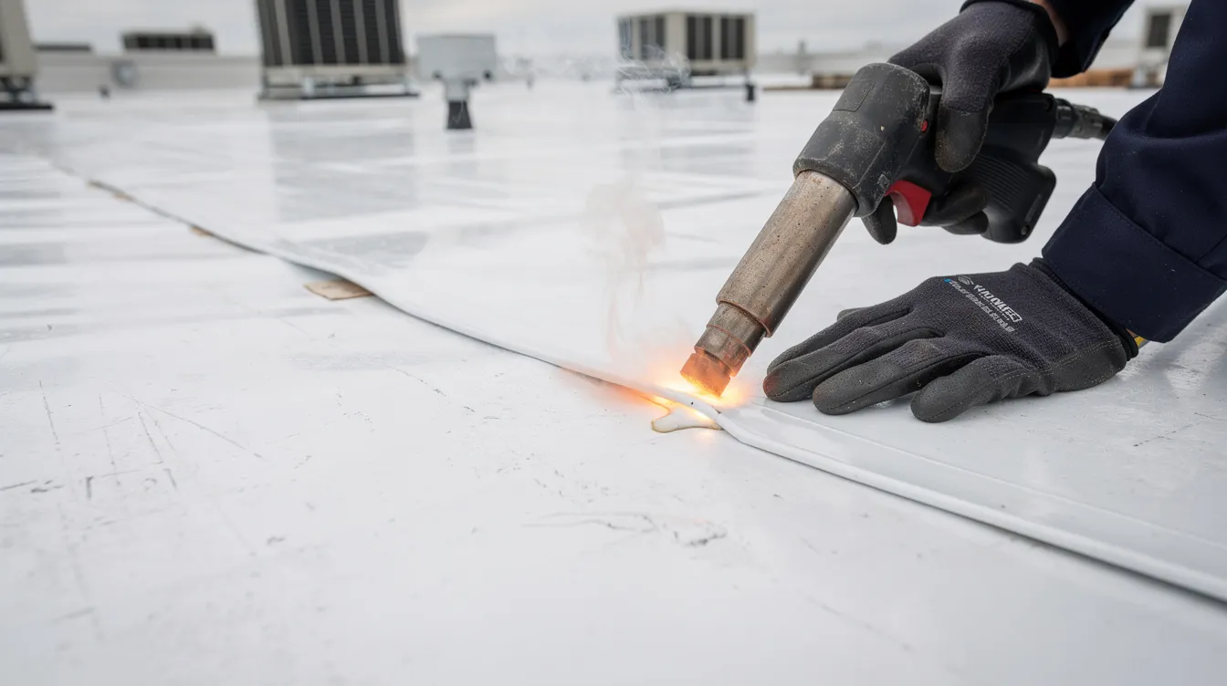 A close-up view shows a commercial roofer heat-welding a white single-ply membrane on a flat roof, emphasizing the precision and care involved in commercial roof installation. This roofing material is essential for ensuring the durability and effectiveness of the roofing system on commercial properties.