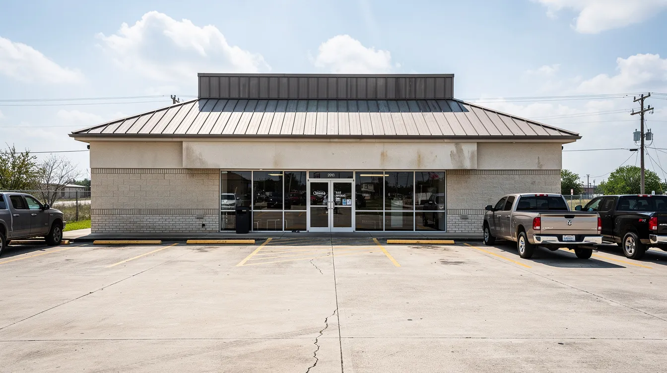 The image depicts a typical commercial building in Southeast Texas featuring a durable, corrugated metal roof that is designed to withstand high winds and hail. The modern structure showcases energy-efficient metal roofing materials, emphasizing minimal maintenance and longevity for property owners.