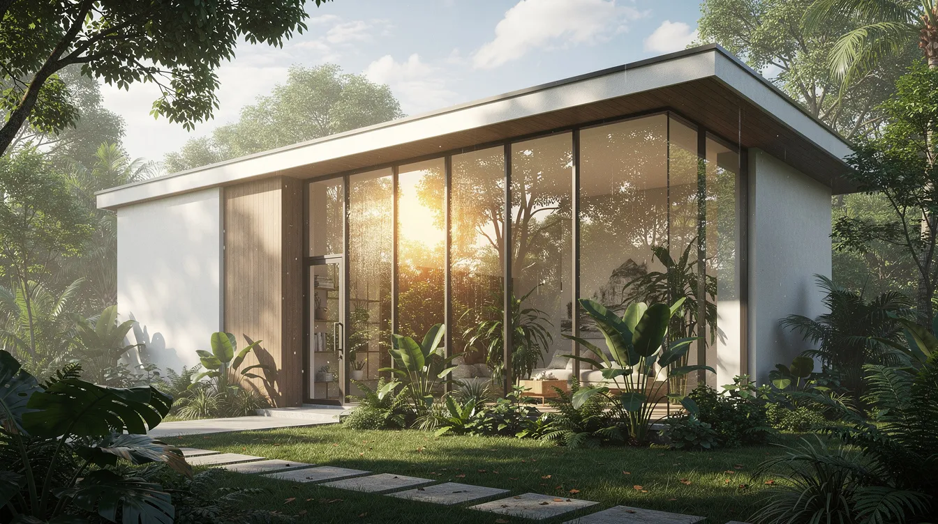 Modern glass house surrounded by lush greenery, with warm sunlight streaming through the windows.