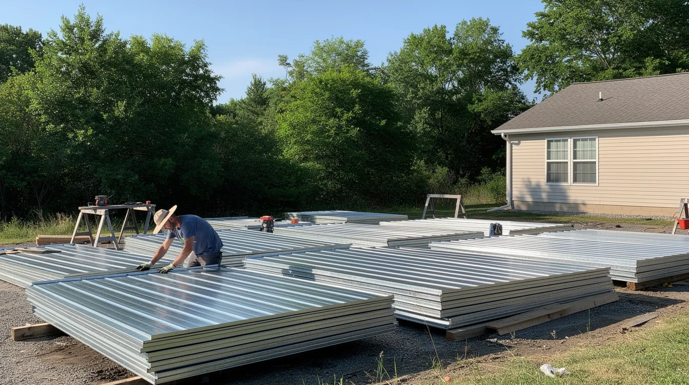 The image shows metal roof panels being prepared next to a home, surrounded by trees under a clear blue sky. This scene illustrates the installation process of a new metal roof over existing shingles, highlighting the roofing material's durability and energy efficiency.