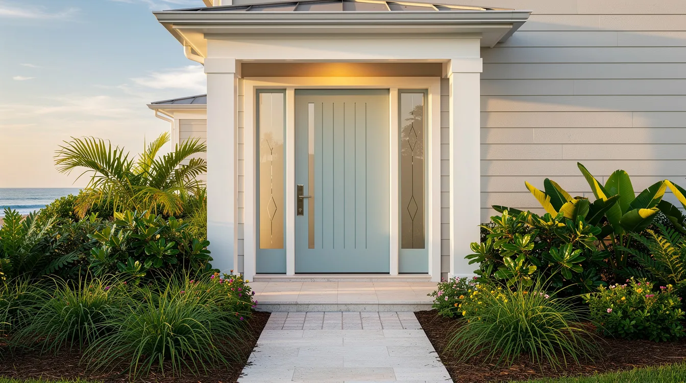 The image depicts a coastal home exterior featuring a stylish fiberglass entry door, framed by lush green landscaping that enhances the curb appeal. This inviting front door serves as a grand entrance, promising energy efficiency and security for the family inside.