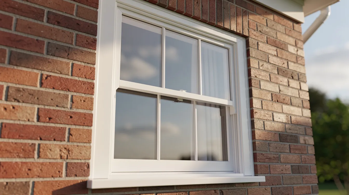 White-framed window in a red brick exterior wall with a cloudy sky reflection