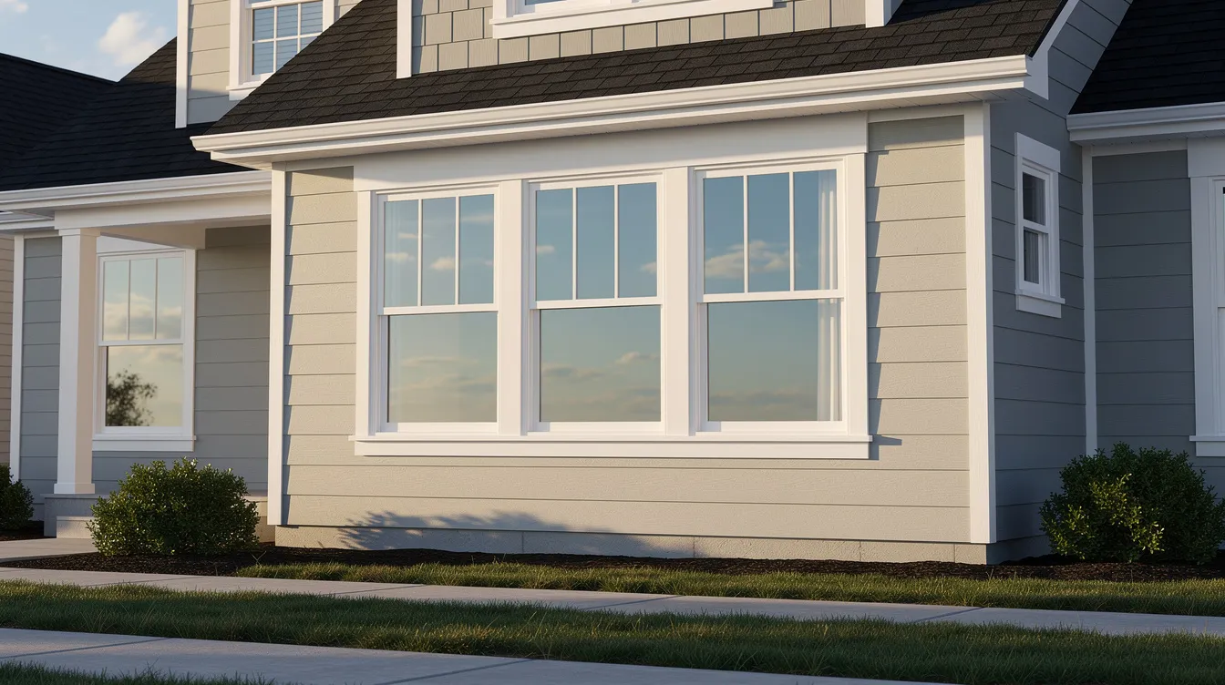 Front exterior of a beige house with white trim and large windows, showing a small lawn and sidewalk.