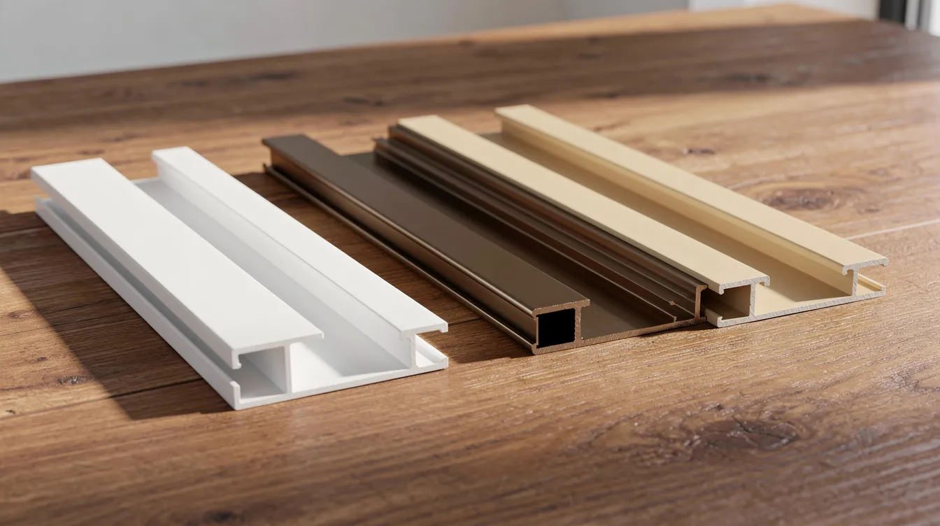 The image features a selection of window frame color samples in white, bronze, and almond, arranged neatly on a wooden table. These samples represent options for double hung windows, showcasing various colors that can enhance the aesthetics of a home while offering energy efficiency and easy maintenance.