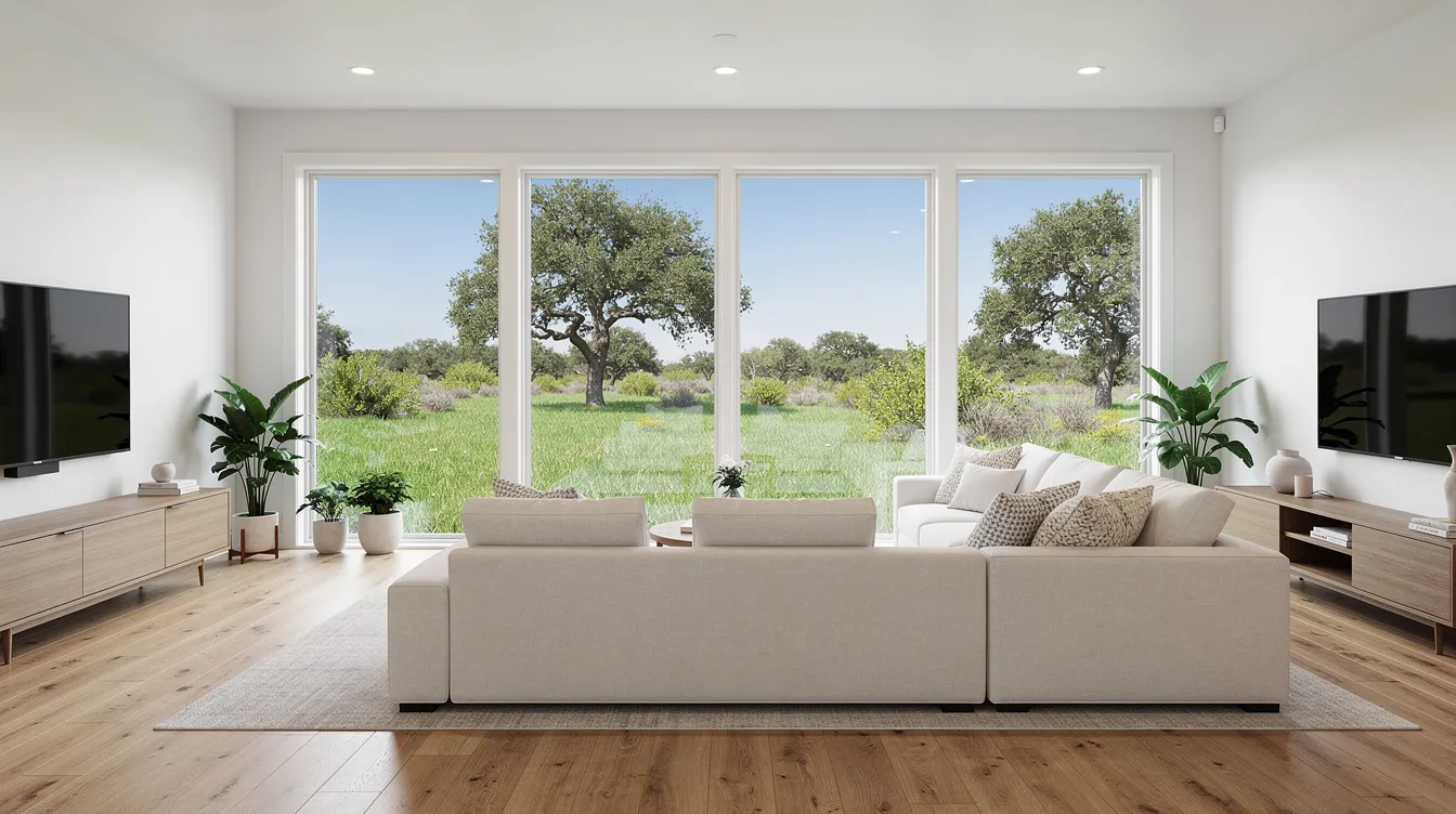 The image depicts a bright, modern living room featuring new energy-efficient windows that provide a view of a lush green yard in Texas. The updated windows enhance the home's curb appeal and allow natural light to fill the space, showcasing the comfort and style of the room.