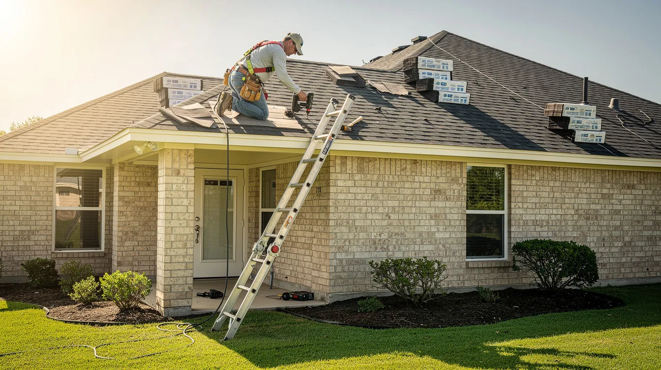 A roofing contractor is working on a Southeast Texas home, installing asphalt shingles on the roof. The image shows the contractor carefully placing the roofing materials, highlighting the durability and quality of the shingles designed to withstand severe weather conditions.