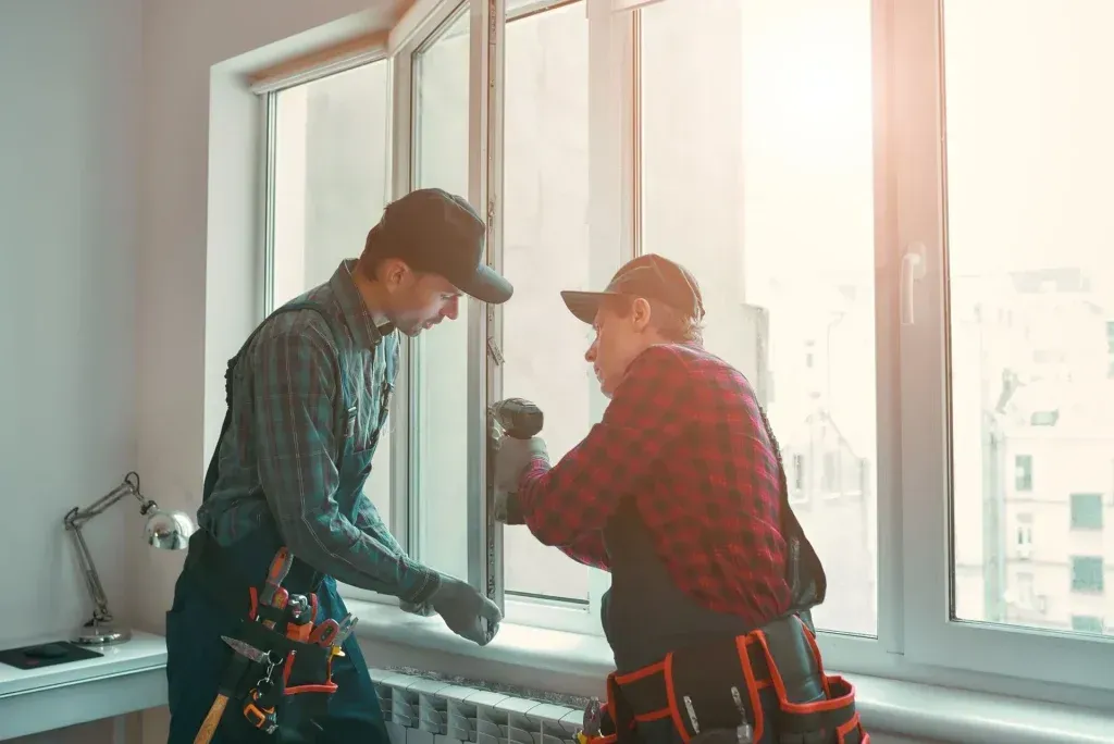 Two construction workers in workwear and tool belts installing a white window frame in a room.