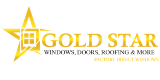Gold Star Windows, Doors, Roofing & More logo in gold and white with a star and house icon, factory direct windows