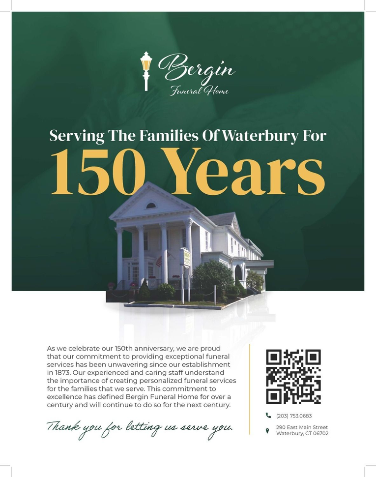 Advertisement for Bergin Funeral Home, celebrating 150 years of service, with a building illustration, and a QR code.