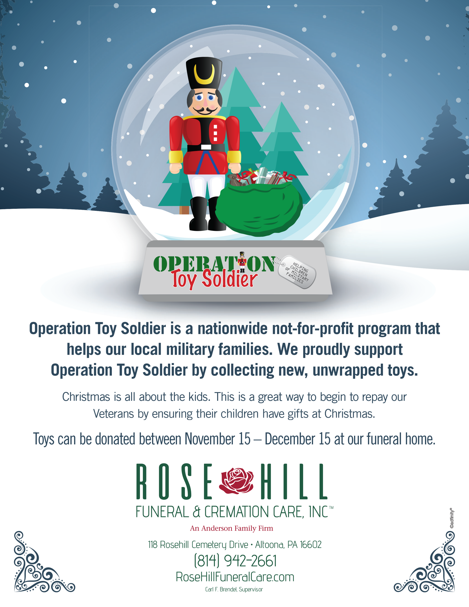 An advertisement for operation toy soldier with a nutcracker in a snow globe.