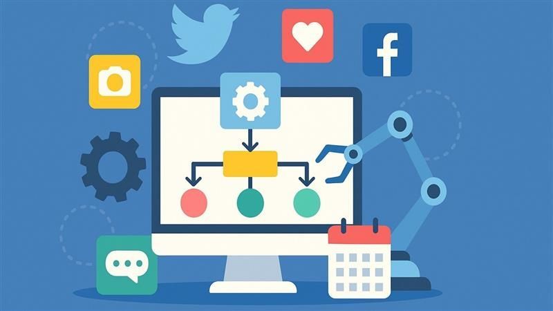 Illustration of a computer with workflow chart, robotic arm, calendar, and social media icons