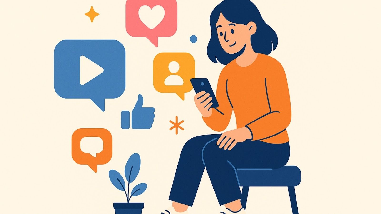 Illustration of a woman sitting and using a smartphone, surrounded by social media icons like thumb