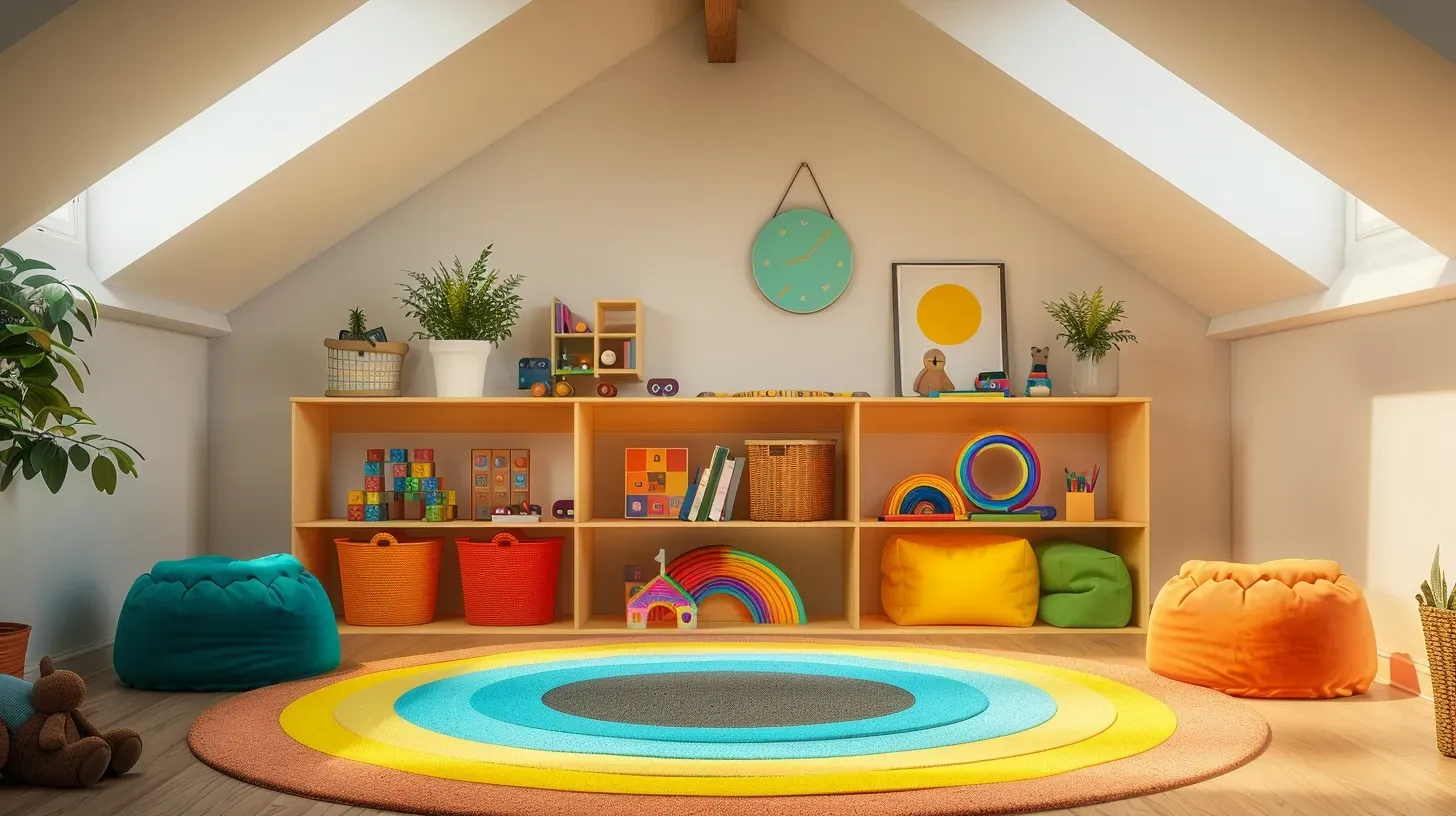 There is a rainbow rug in the attic playroom.