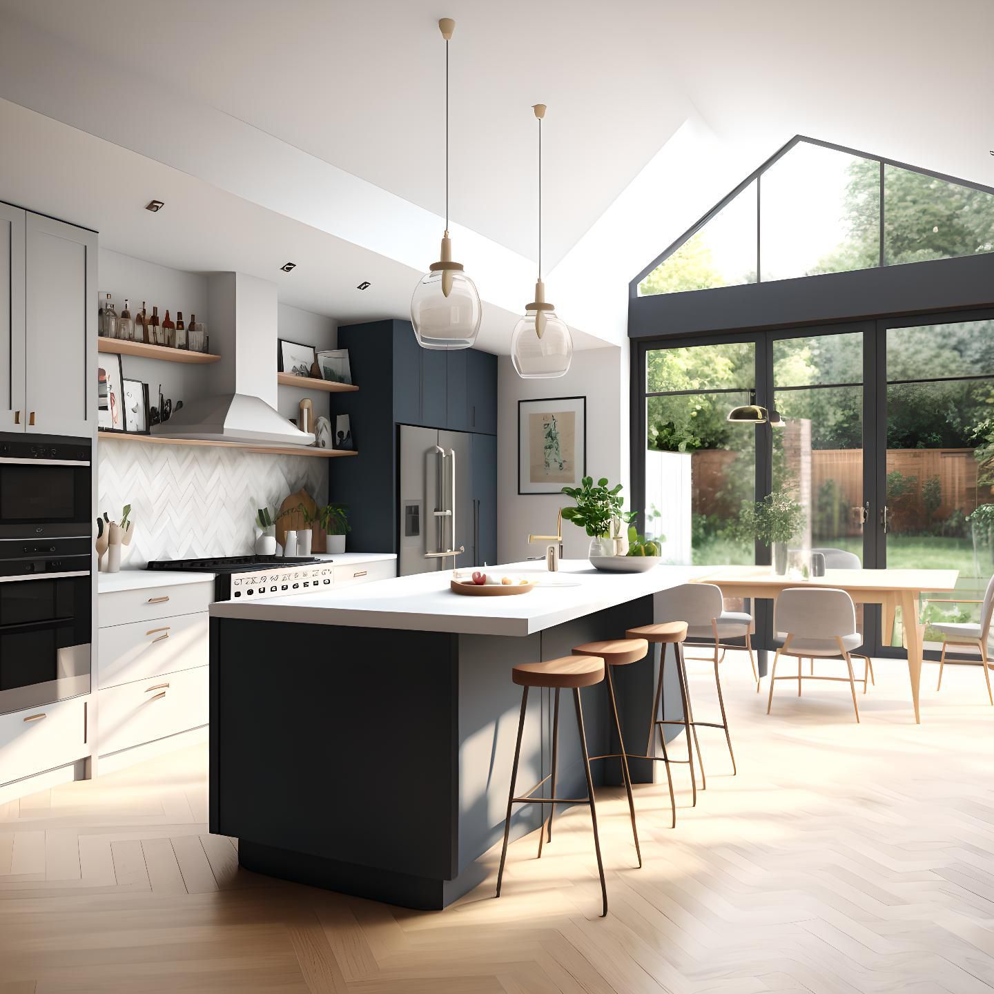 A modern kitchen extension featuring a large island with bar seating, open shelving, natural light
