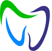 A blue , green and purple tooth with a white background.
