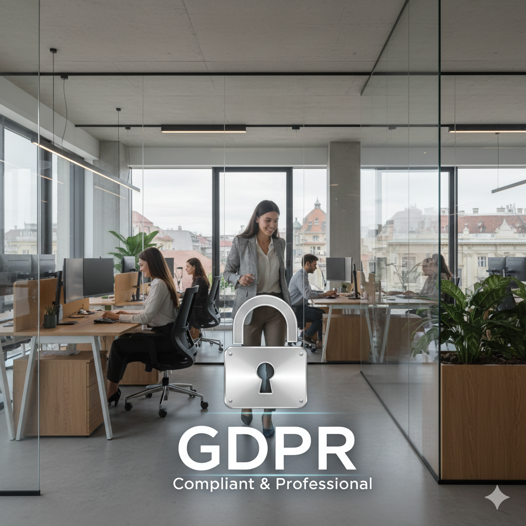 Clădire de birouri modernă în România, cu o siglă