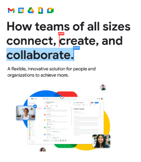 Google Workspace ad: Teams collaborate. Shows app icons, text, and people using the platform on a screen.