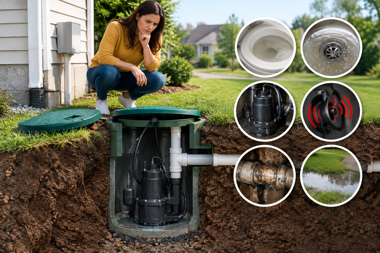 Woman inspects an outdoor septic tank lid with inset close-ups of tank components and drain field.