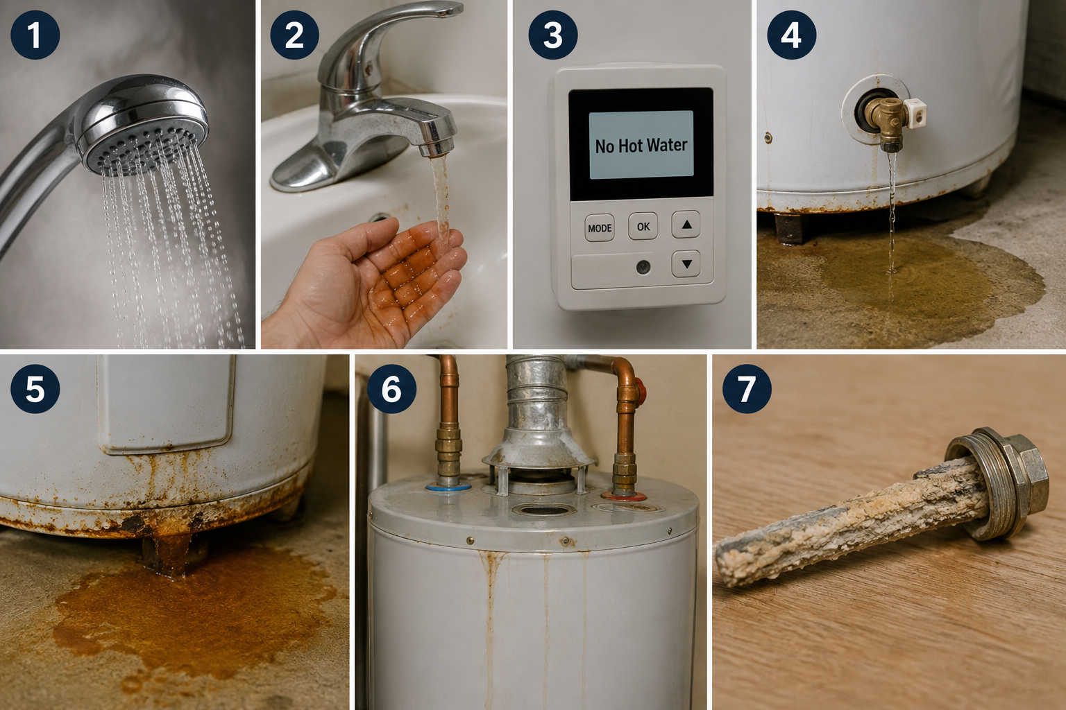 Collage of water heater leak signs: dripping showerhead, wet floor, control panel, rust, and a damaged valve.