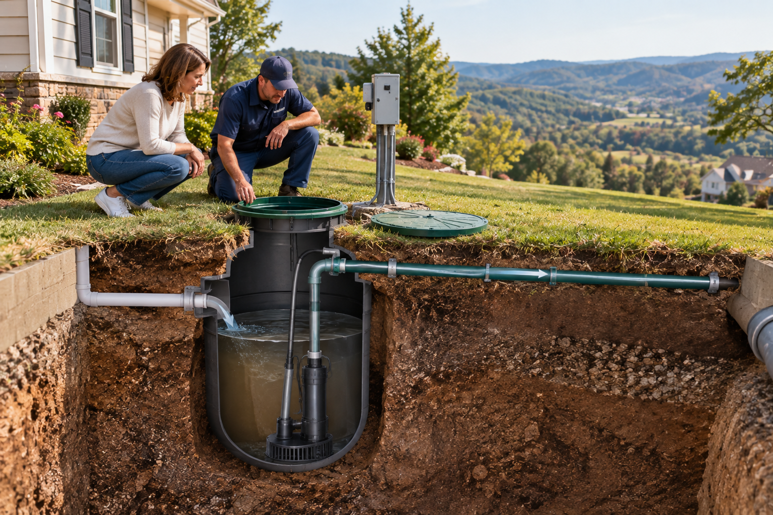 Two people inspect a soil pit and water sensor on a hillside overlooking a valley