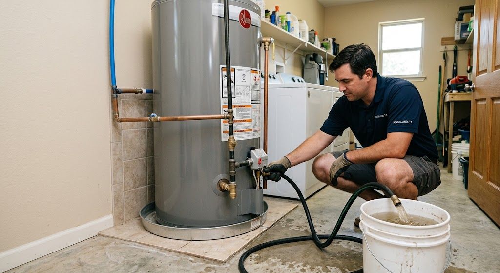 Technician repairing a water heater in a utility room, crouched beside pipes and tools.
