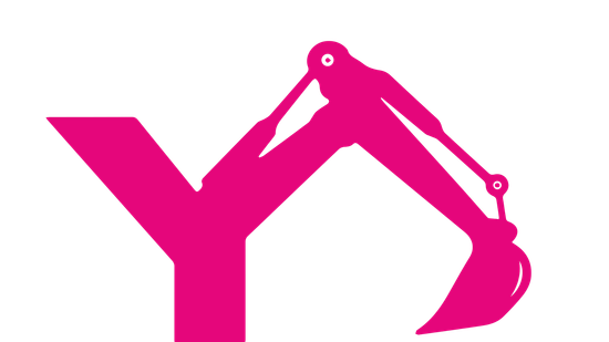 Pink excavator arm integrated into the letter Y on a white background