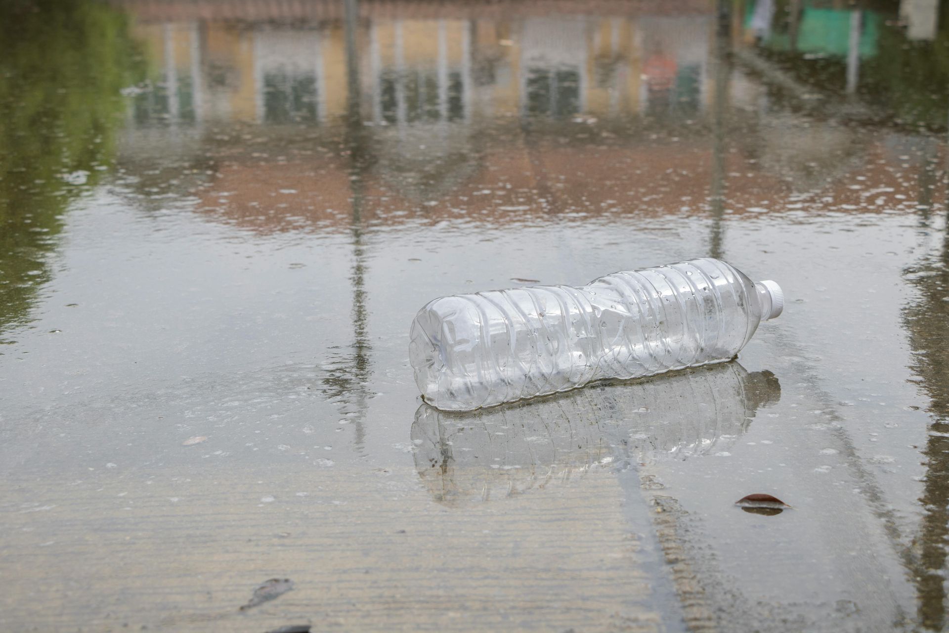 A clear plastic bottle lies on a wet pavement with rain puddles and blurred buildings in the background.