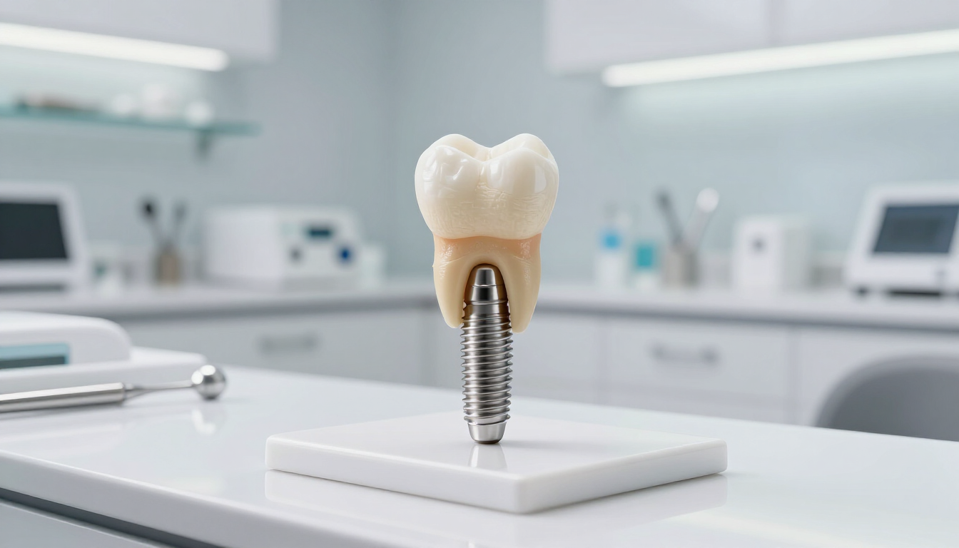 Modelo de implante dental sobre un escritorio blanco en una clínica moderna.