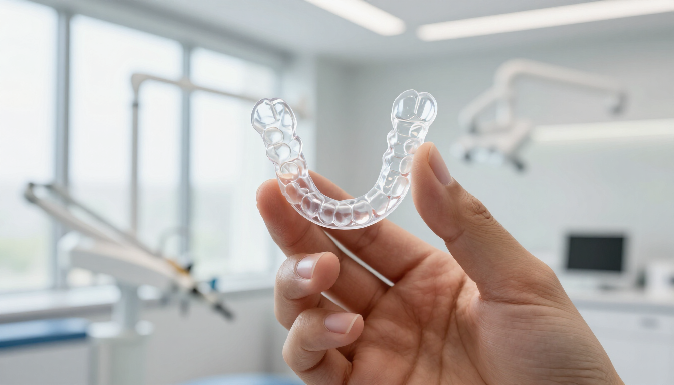 Una mano sostiene un alineador dental transparente en una luminosa clínica de ortodoncia.
